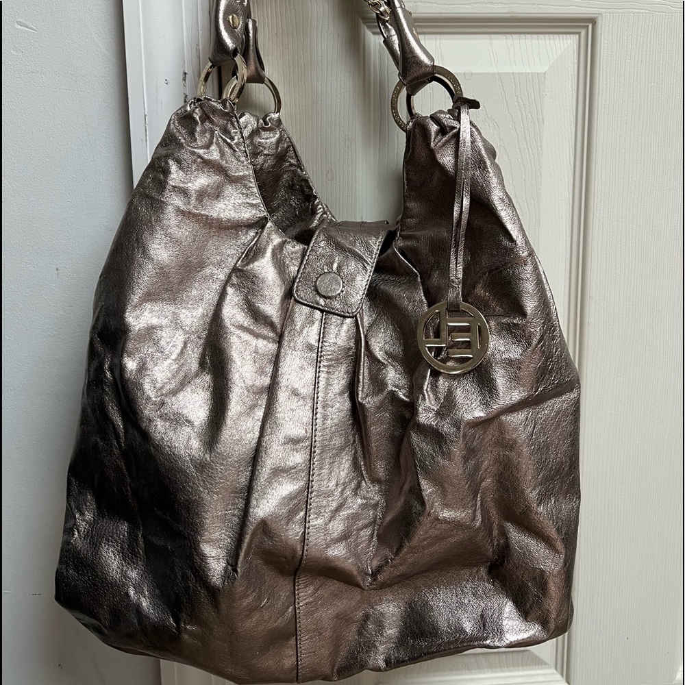 Elliott Lucca leather handbag in chrome. 14 x 14. Very good condition.